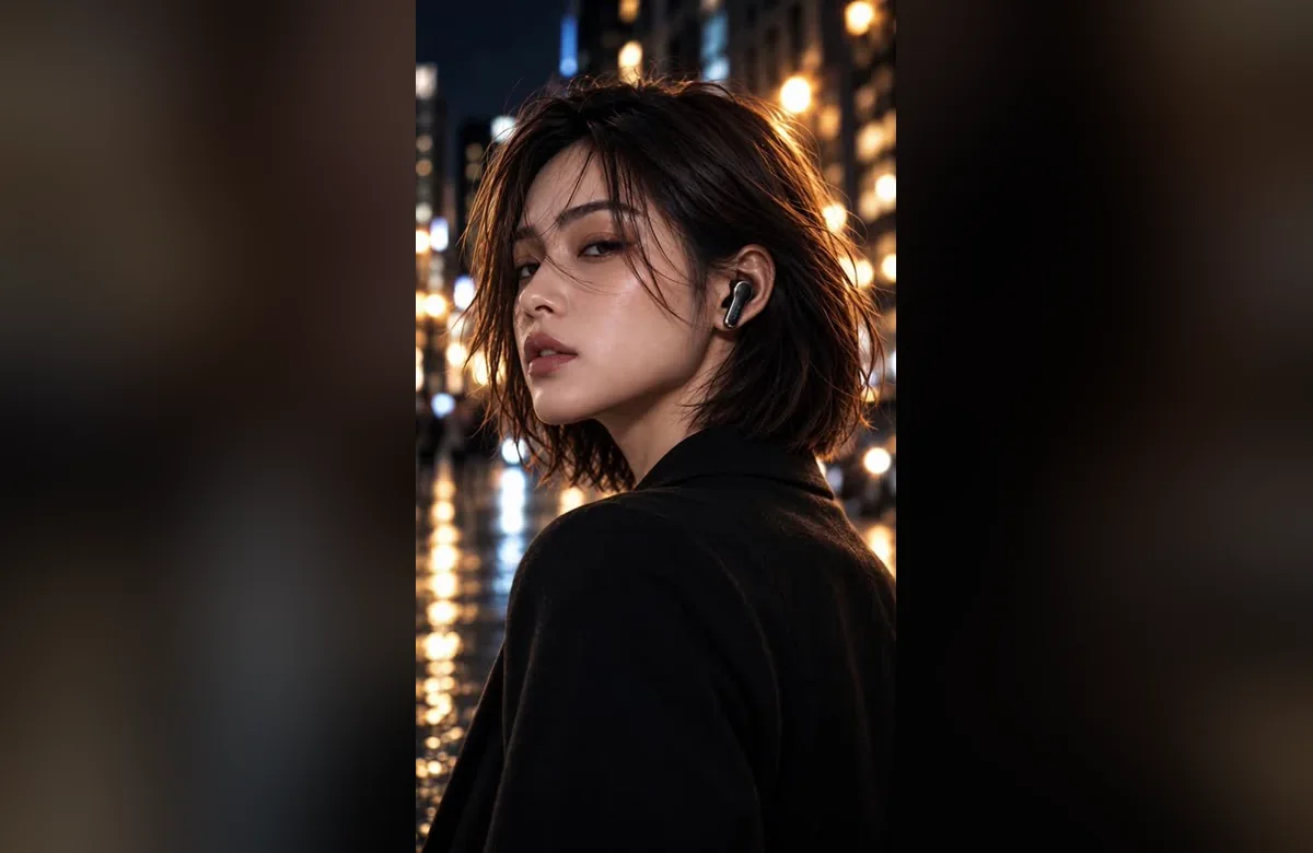 AERIS ONE：夜の街でワイヤレスイヤホンをつけた人物