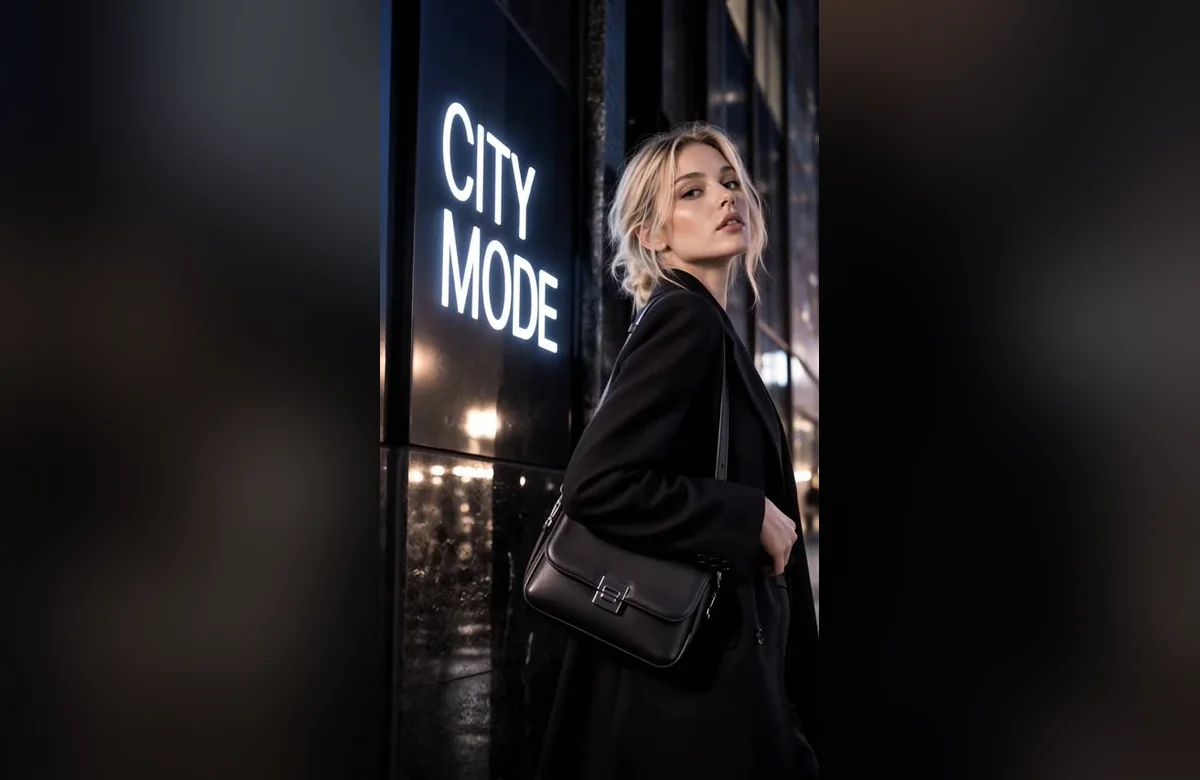 CITY MODEの夜景、モデル、黒いバッグ
