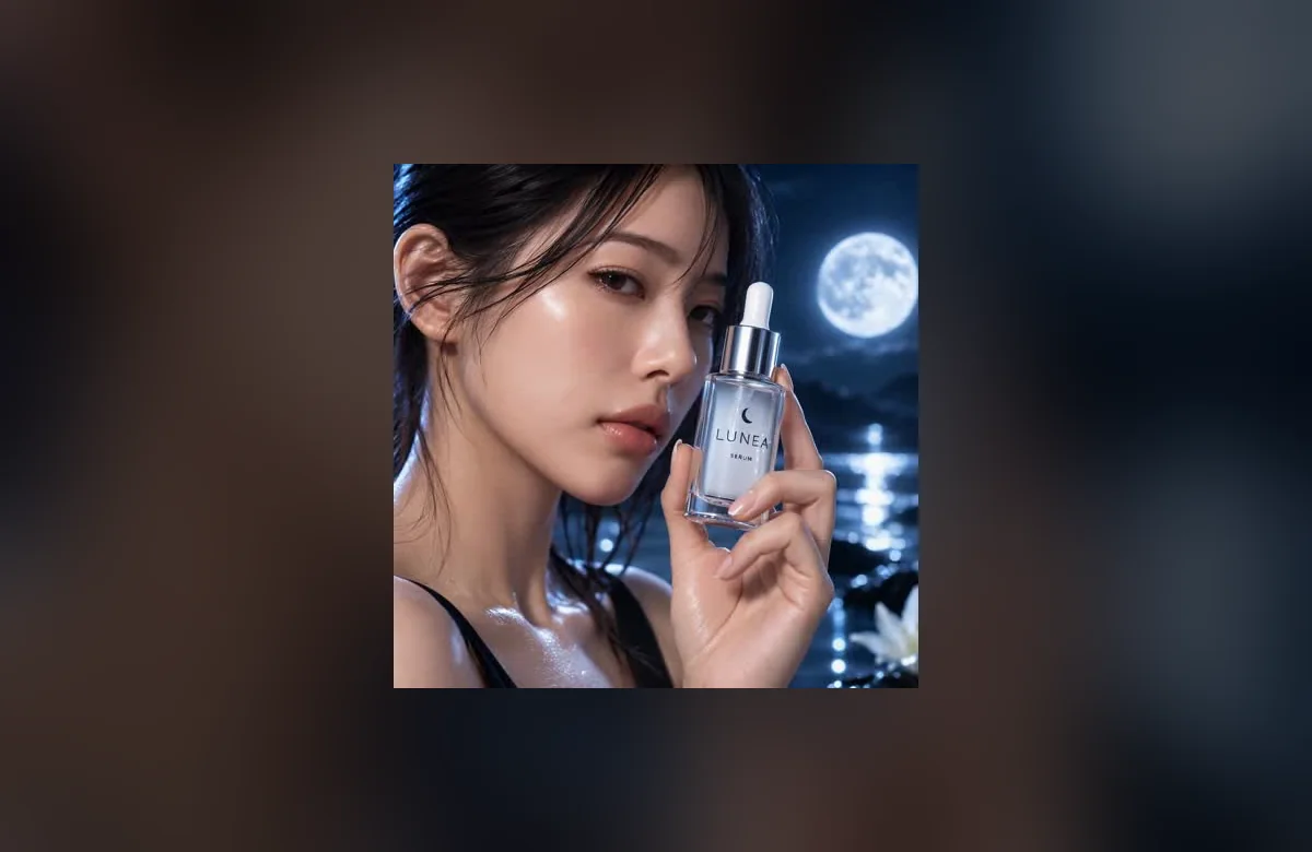LUNEA SERUM：月夜の人物と美容液ボトル